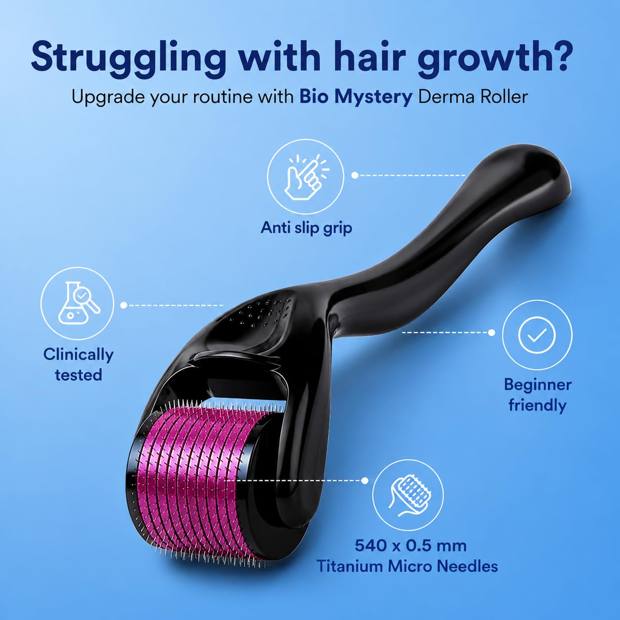 Derma Roller 0.5mm for Hair Growth & Beard Care | 540 Titanium Microneedles Scalp Roller