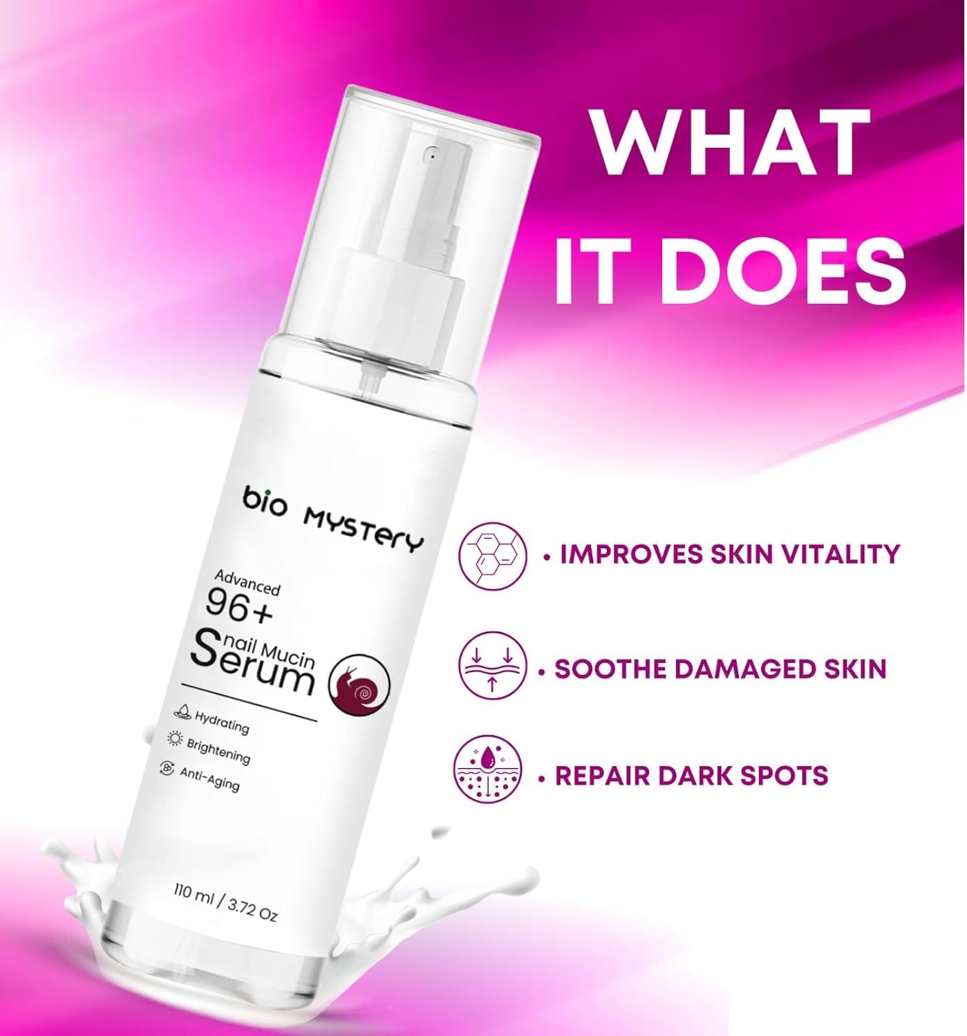 Advanced 96+ Snail Mucin Face Serum 110 ml (3.71 oz) – Ultra-Hydrating & Repairing Serum for All Skin Types – Fades Acne Scars, Strengthens Skin Barrier & Reduces Fine Lines