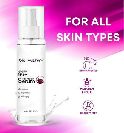 Advanced 96+ Snail Mucin Face Serum 110 ml (3.71 oz) – Ultra-Hydrating & Repairing Serum for All Skin Types – Fades Acne Scars, Strengthens Skin Barrier & Reduces Fine Lines
