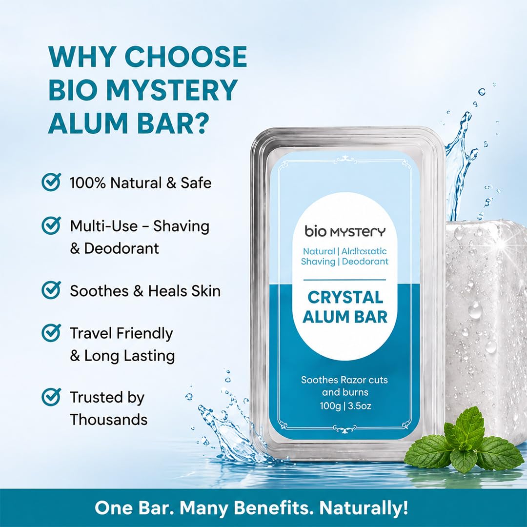 Bio Mystery Natural Alum Block (Fitkari) for Shaving – After Shave Styptic for Razor Cuts & Razor Burn Relief | Natural Deodorant Stone | Travel Case Included | 100g