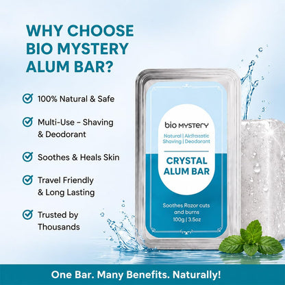 Bio Mystery Natural Alum Block (Fitkari) for Shaving – After Shave Styptic for Razor Cuts & Razor Burn Relief | Natural Deodorant Stone | Travel Case Included | 100g