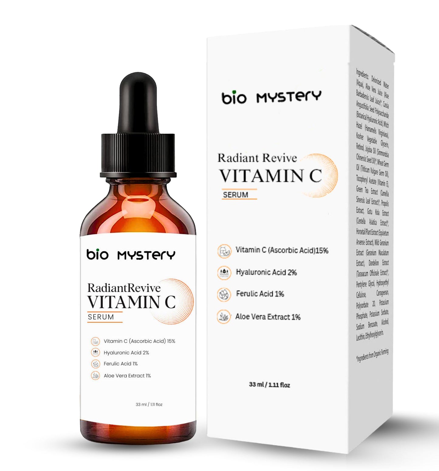 Radiant Revive Vitamin C Face Serum 33 ml (1.12 oz) – With 15% Pure Ascorbic Acid, 2% Hyaluronic Acid, 1% Ferulic Acid & Aloe Vera – Brightening, Anti-Aging & Hydrating Formula for Glowing, Youthful Skin