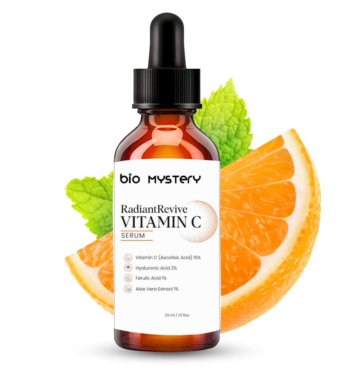 Radiant Revive Vitamin C Face Serum 33 ml (1.12 oz) – With 15% Pure Ascorbic Acid, 2% Hyaluronic Acid, 1% Ferulic Acid & Aloe Vera – Brightening, Anti-Aging & Hydrating Formula for Glowing, Youthful Skin