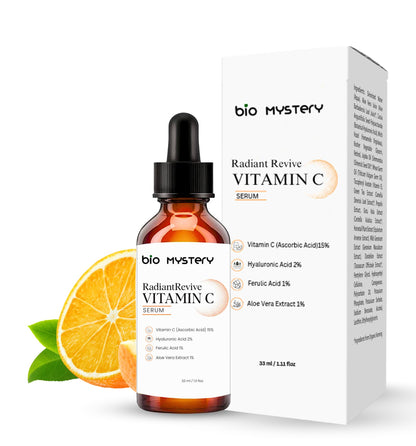 Radiant Revive Vitamin C Face Serum 33 ml (1.12 oz) – With 15% Pure Ascorbic Acid, 2% Hyaluronic Acid, 1% Ferulic Acid & Aloe Vera – Brightening, Anti-Aging & Hydrating Formula for Glowing, Youthful Skin