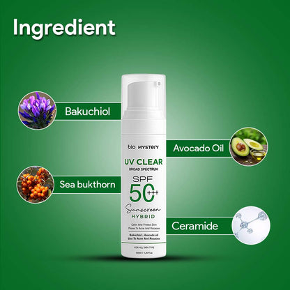 Bio Mystery Clear Face Sunscreen Lotion SPF 50+++ | For Acne-Prone, Oily & Sensitive Skin | Hybrid UV Protection | Matte, Lightweight & Non-Greasy | 50ml