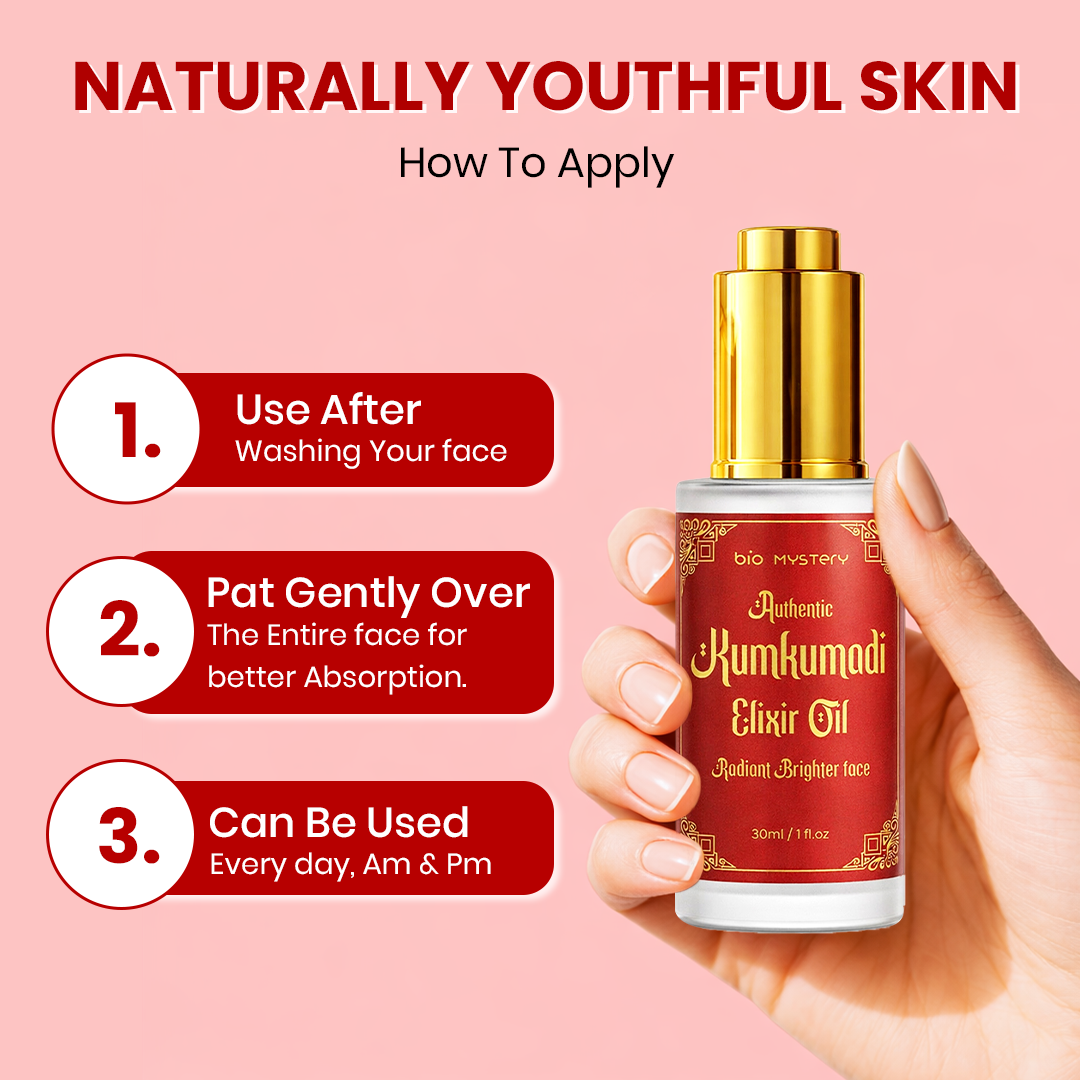 Bio Mystery Authentic Kumkumadi Elixir Face Oil for Natural Glow & Radiant Looking Skin | Traditional Botanical Blend with Vitamin A & C-Rich Extracts | Lightweight, Non-Greasy Daily Face Oil for All Skin Types | 30ml